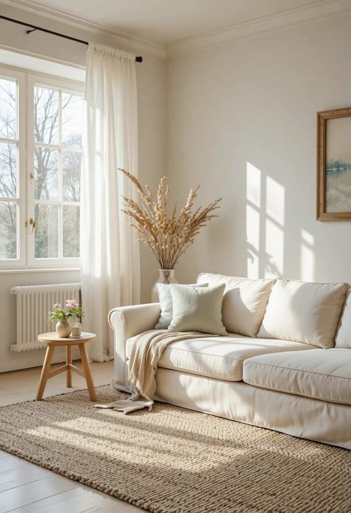 Neutral farmhouse living room color palette with warm white walls cream linen sofa greige rug and sage green accent cushion

