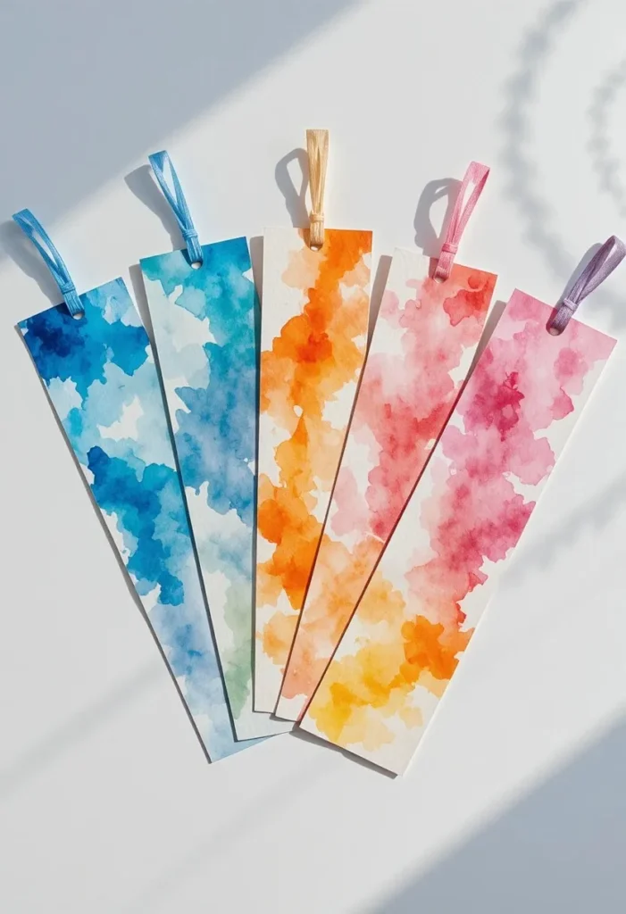 : Watercolor bookmark set fathers day craft for kids with swirling colors and ribbon tops