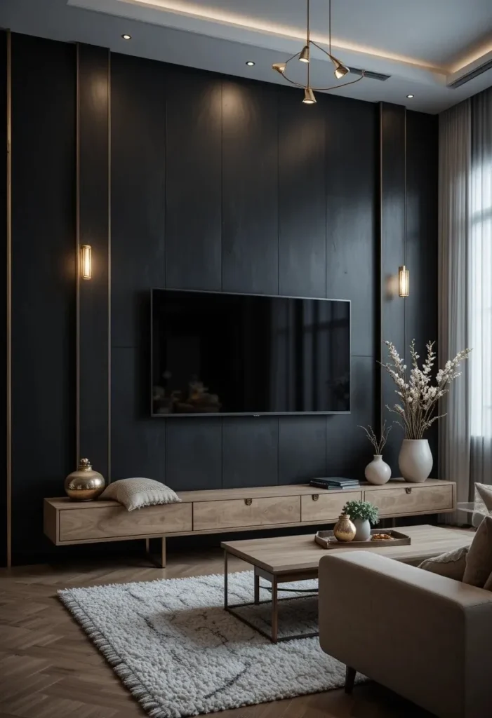 Bold dark charcoal accent wall with mounted TV and cream sofa creating dramatic contrast in a modern living room
