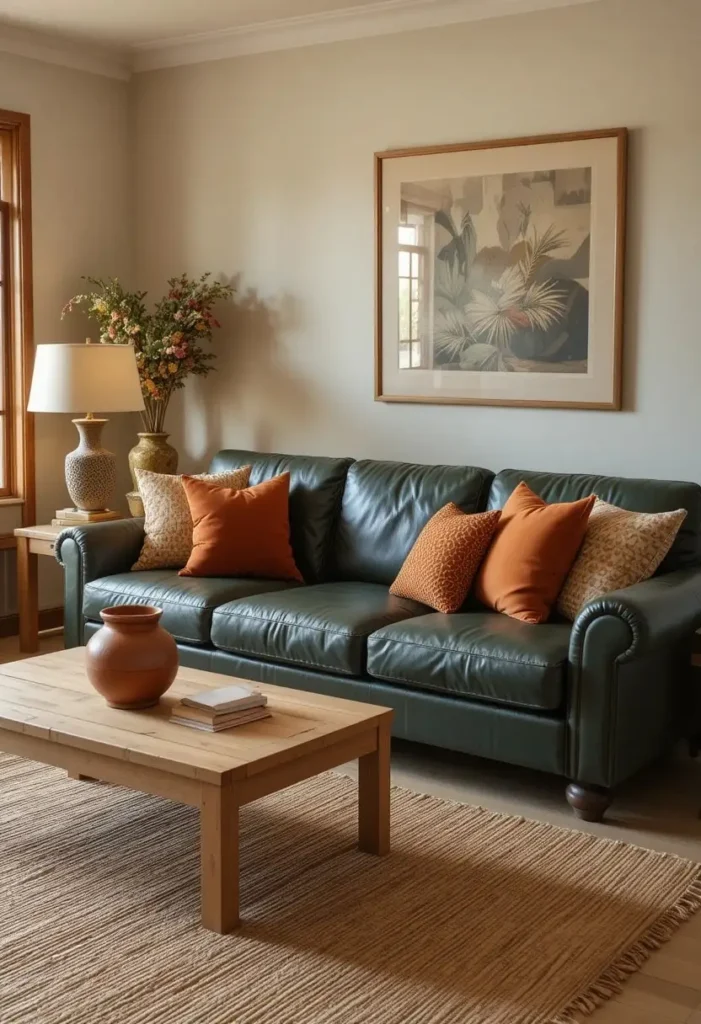Green leather couch styled with terracotta pillows, earthy tones, and warm wooden accents in a cozy living room