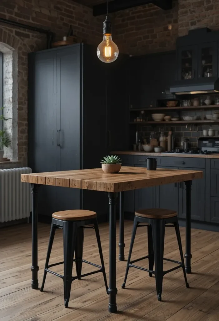Butcher block industrial pipe leg kitchen table with black stools under Edison bulb light in a dark moody small kitchen
