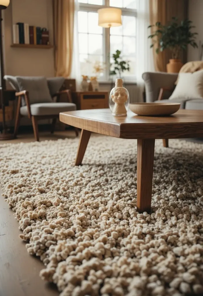 Thick shag rug texture in a retro 70s living room