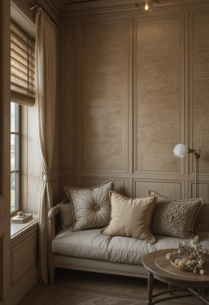 Grasscloth wall panels adding organic texture and warmth to a room.