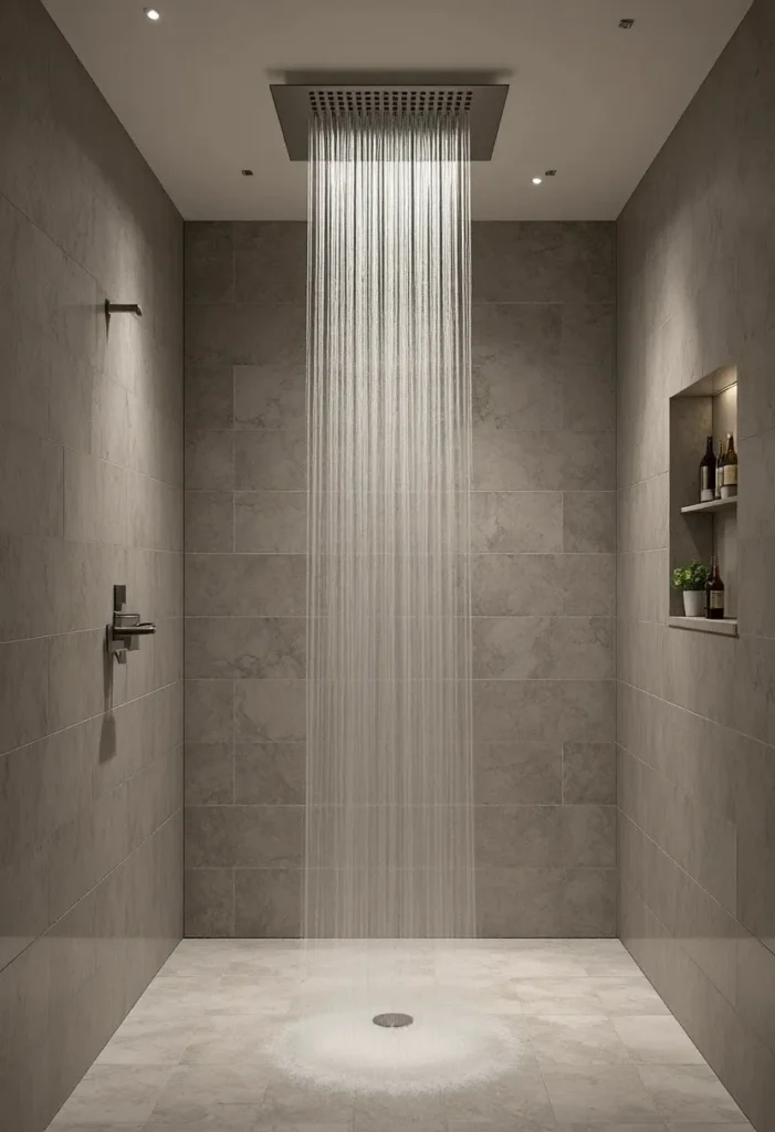 Rainfall shower head in a spa like bathroom with stone tiles built in niche shelf and warm ambient lighting