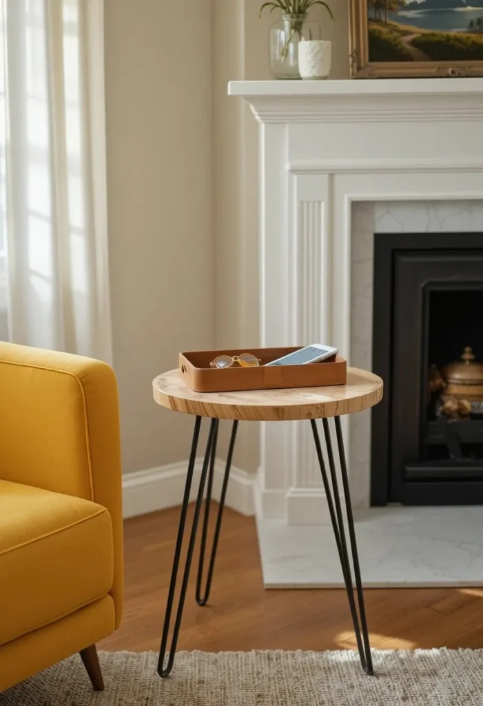 A hairpin leg side table with a birch wood top beside a mustard armchair holding a leather tray with glasses in a mid century room.