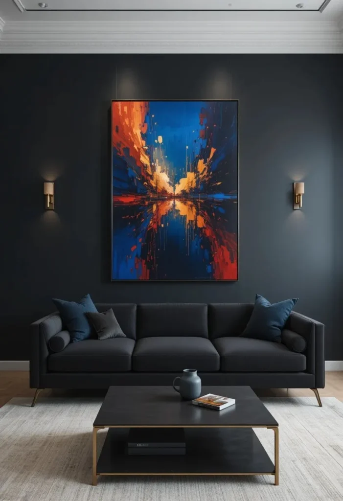 Black living room with oversized abstract statement artwork in cobalt blue and gold above dark velvet sofa
