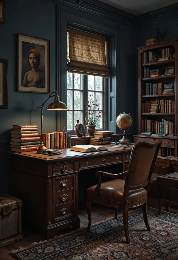 Dark academia study corner in teenage boy bedroom with vintage desk lamp
