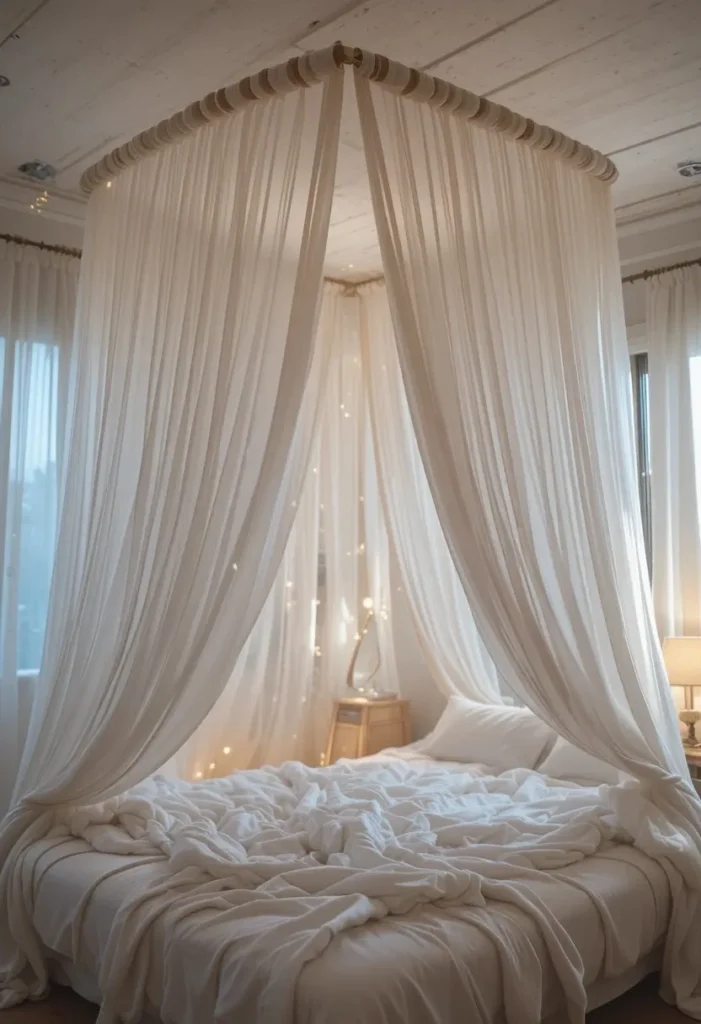bedroom canopy ideas with sheer white curtains for a romantic dreamy look
