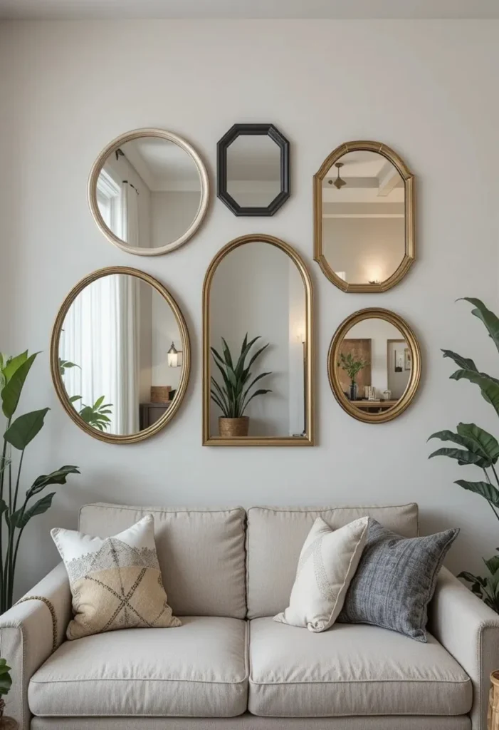 Gallery wall of mixed shape mirrors in gold and black frames in a small living room adding depth, reflected light, and decorative personality.