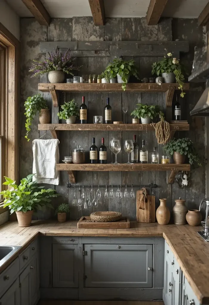 Rustic reclaimed barn wood wine rack mounted on a farmhouse kitchen wall.
