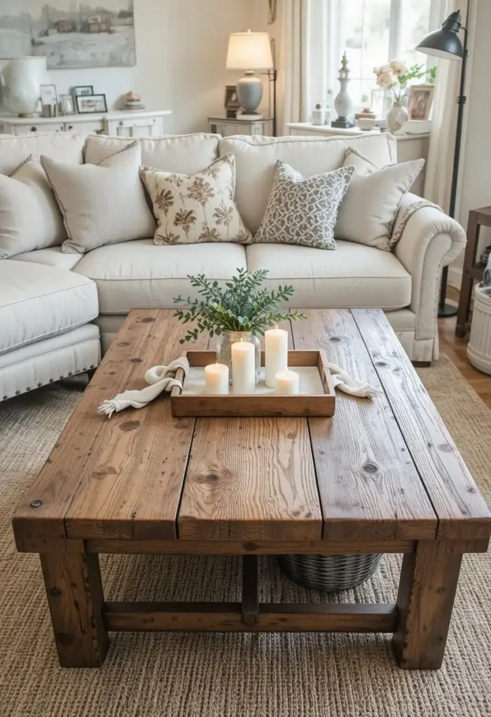  Farmhouse living room with reclaimed wood coffee table white linen sofa neutral rug and candle tray styling
