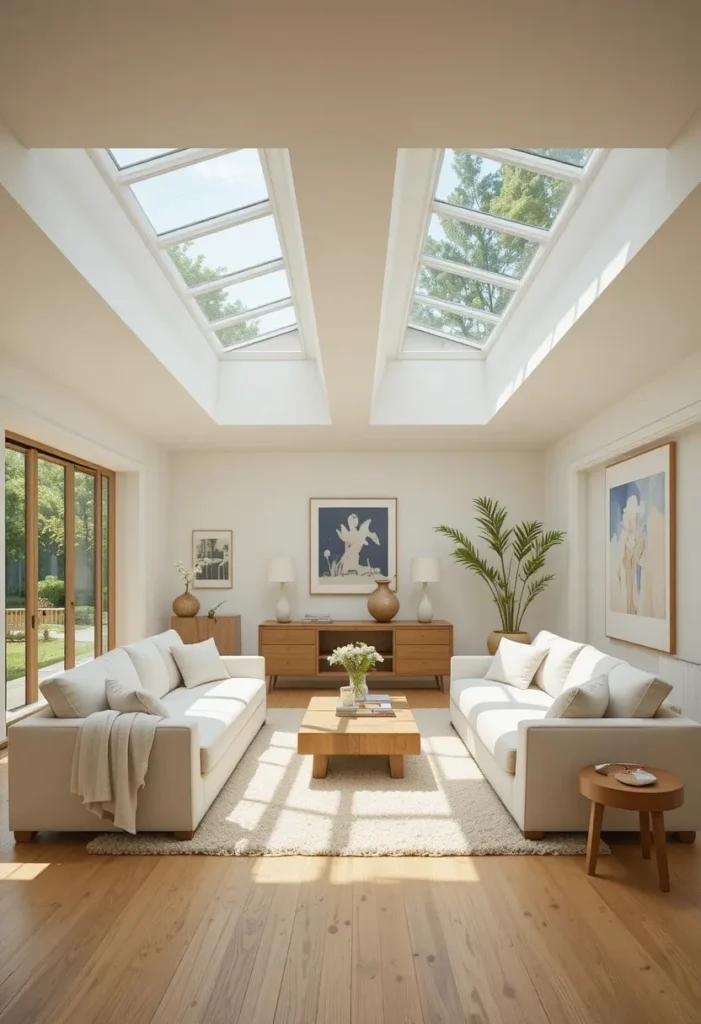 Bright sunken living room with skylights pouring natural light onto white linen sofas and warm wood flooring