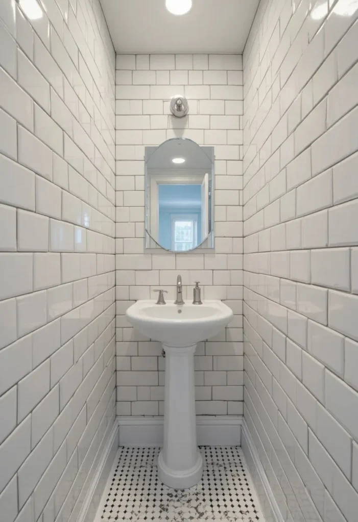 Small full bathroom with white subway tiles floor to ceiling and charcoal grout for a spacious look
