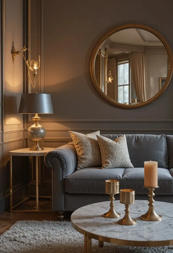 A glowing, luxurious living room corner featuring a grey velvet sofa surrounded by warm metallic accents. A large round brass mirror hangs on the wall above. A gold-based table lamp sits on a marble side table. Bronze candle holders are placed on the coffee table. Warm evening light reflects off every metallic surface creating a rich, sophisticated golden atmosphere.