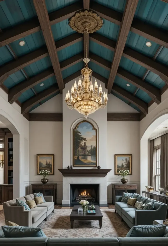 Sunken living room with exposed timber ceiling beams and a dramatic chandelier creating stunning architectural contrast
