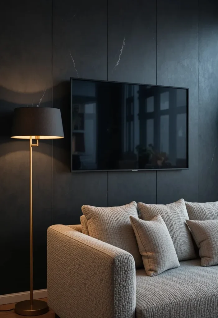 Deep charcoal dark accent wall behind TV in a moody luxurious living room with warm brass lighting