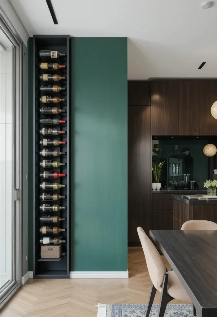 Vertical wall wine rack with black metal frame mounted on a dark green accent wall.

