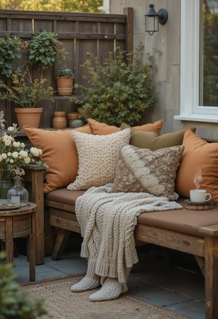Cozy patio seating nook with layered colorful cushions and a knit throw blanket in warm afternoon light
