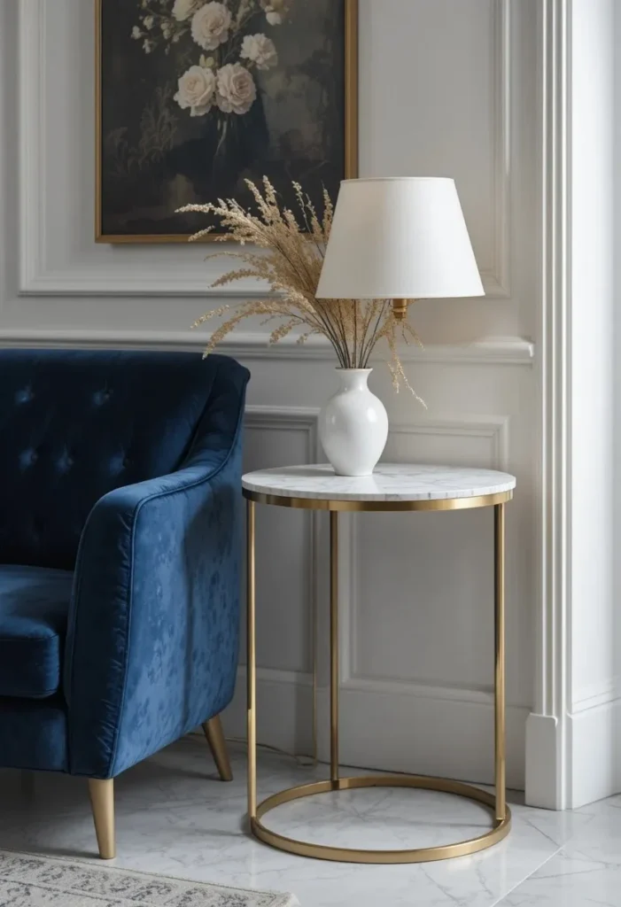 A white marble top side table with gold legs beside a navy velvet sofa styled with a gold lamp and dried flower vase.