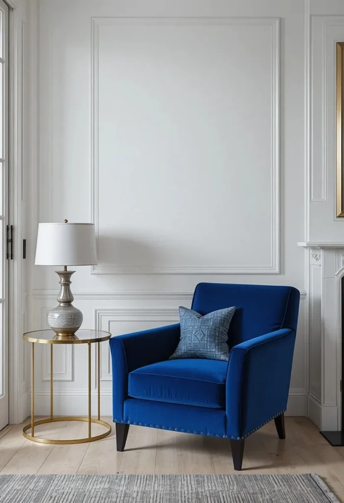 "Sapphire blue jewel tone accent chair with brass accents in a clean modern living room"

