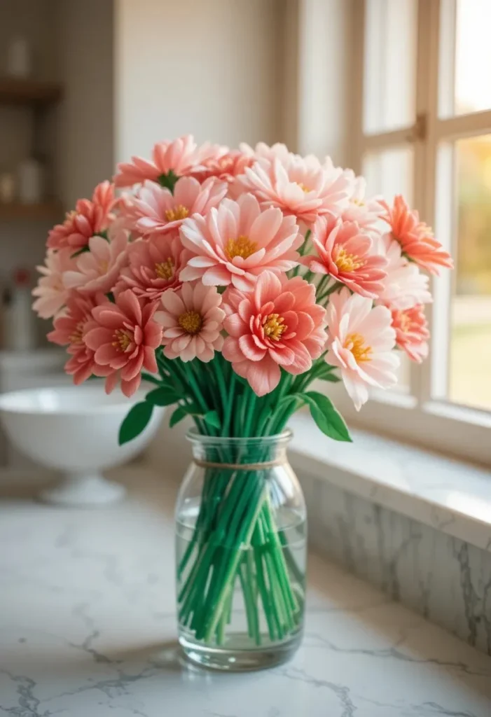  Handmade pipe cleaner flower bouquet in pink and coral colors displayed in a clear glass vase on a white marble counter
