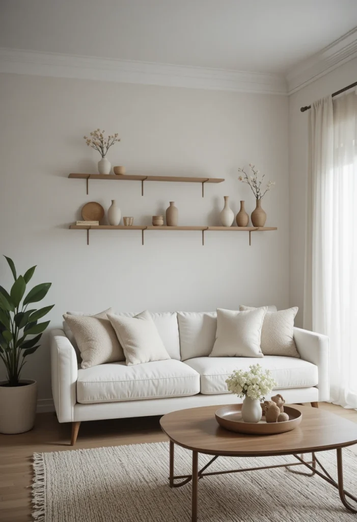 Beautifully decluttered and minimal small living room with intentional decor and breathing room between objects creating a calm peaceful space.