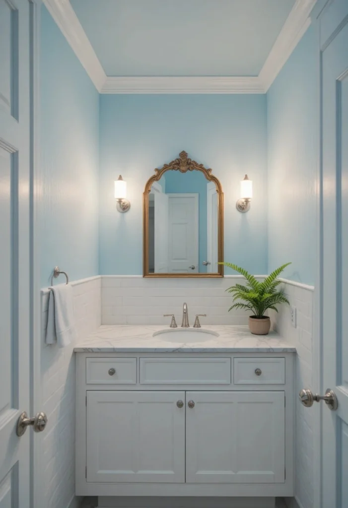  Small full bathroom with soft blue painted ceiling white walls and warm lighting for a dreamy airy feel