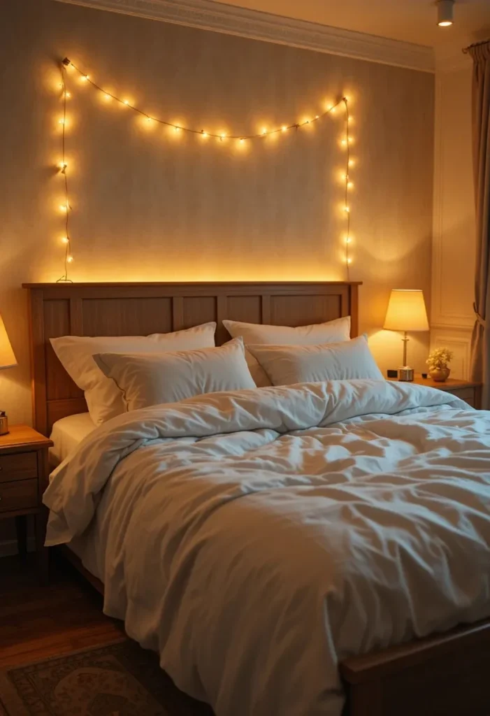 soft warm bedroom lighting ideas with bedside lamps and string lights
