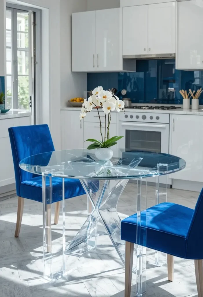 Clear acrylic lucite table with cobalt blue velvet chairs in a bright white small kitchen with herringbone tile floor