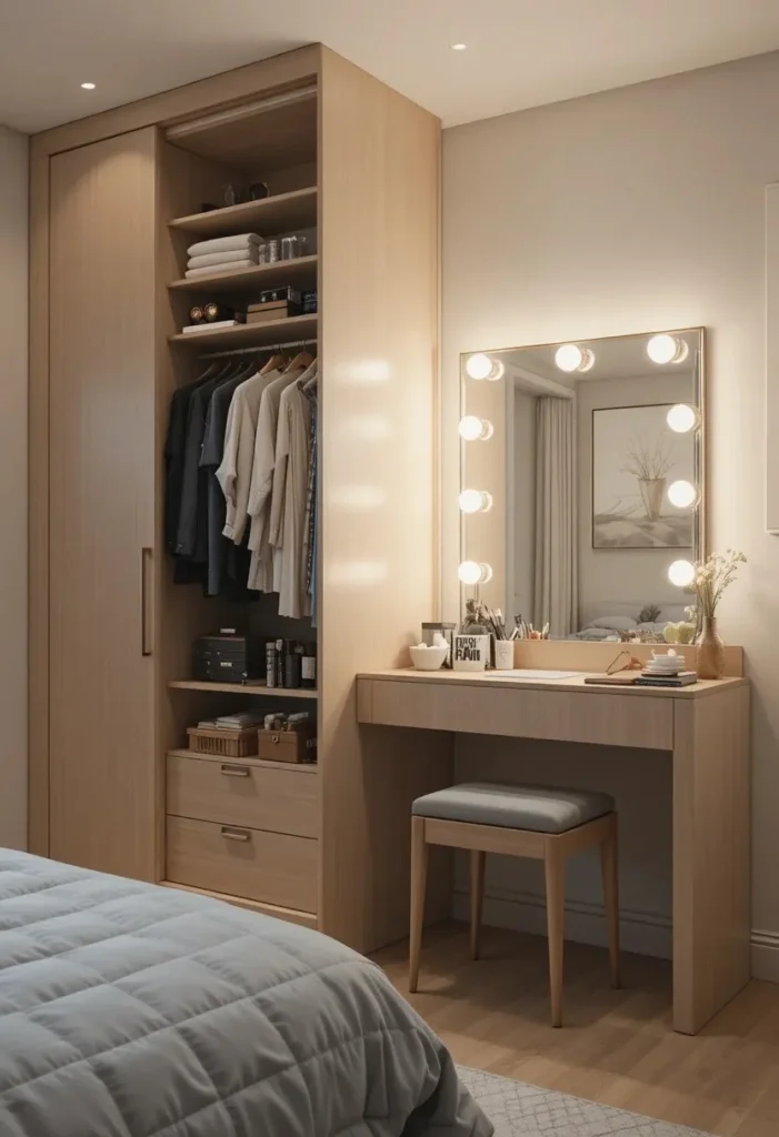 Integrated wardrobe and dressing table with modern vanity lighting