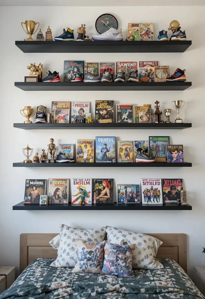 Floating shelves displaying sneaker and trophy collection in teen bedroom