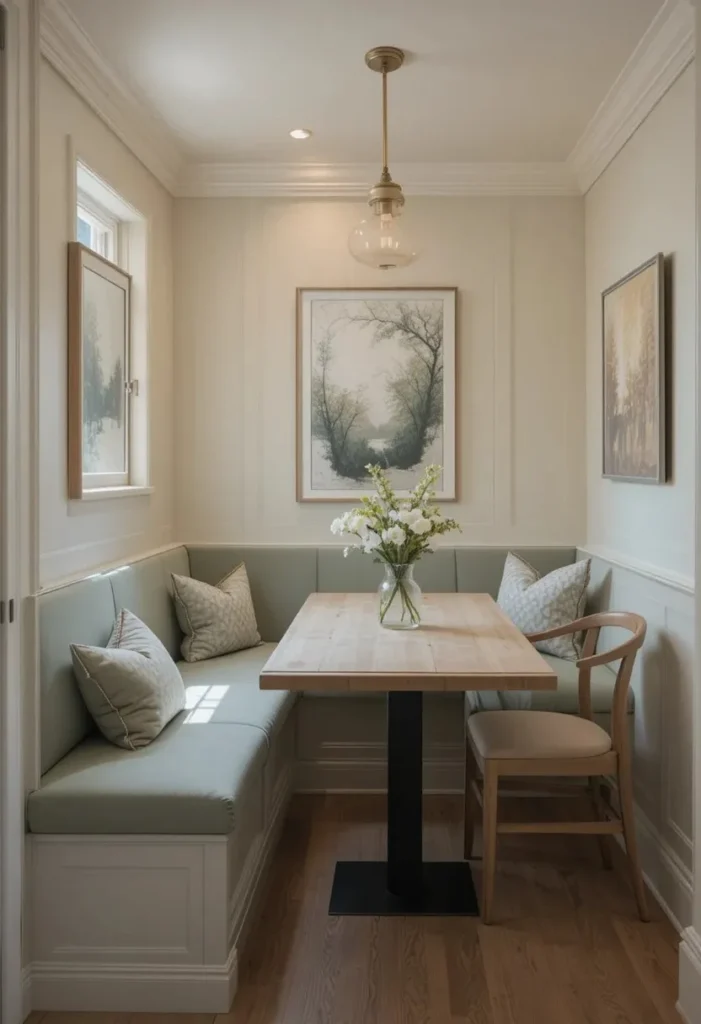 Small dining room with a sage green linen bench along the wall, wooden table, and cozy throw pillows for extra seating.