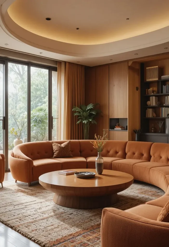 Curved sofa and oval coffee table in retro living room