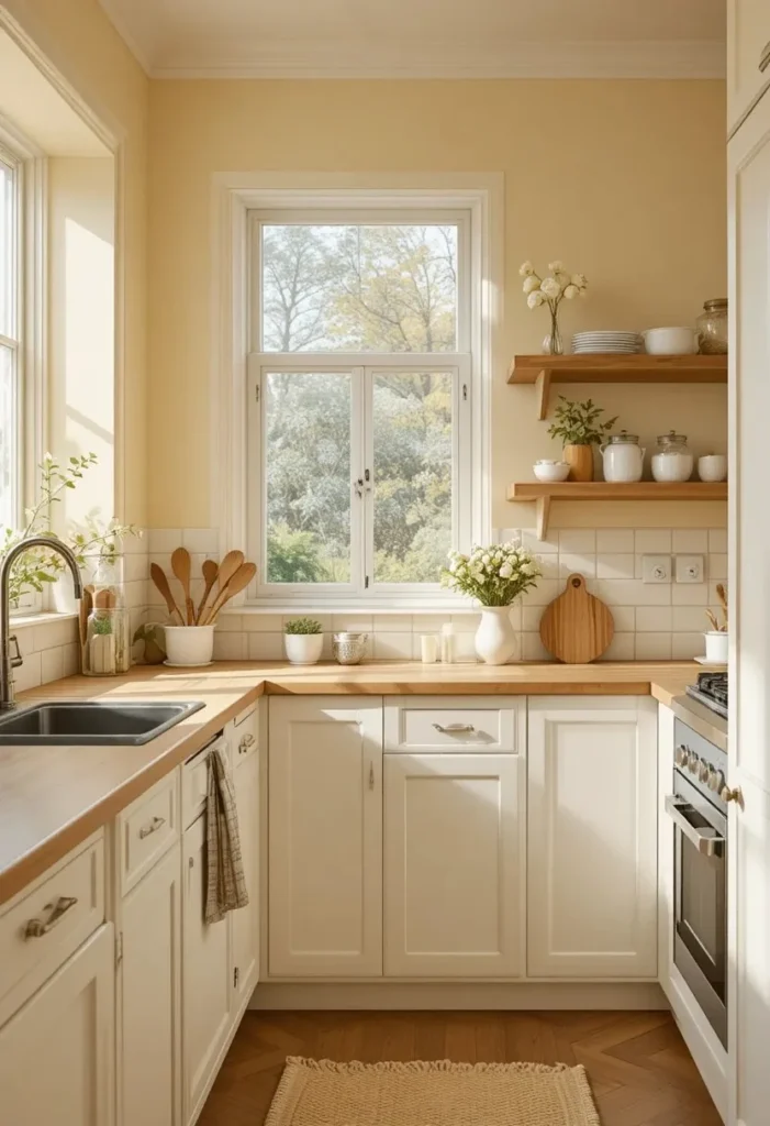 Kitchen with soft butter yellow walls and white cabinets in warm natural lighting.
