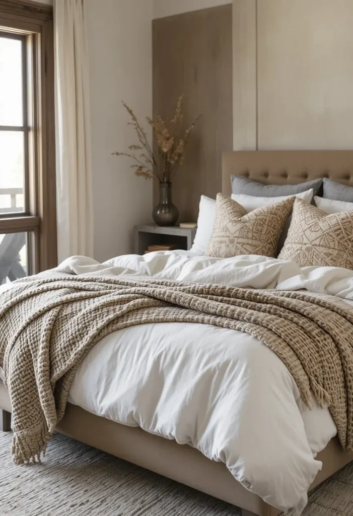 Layered cozy bedding in earthy western-style bedroom
