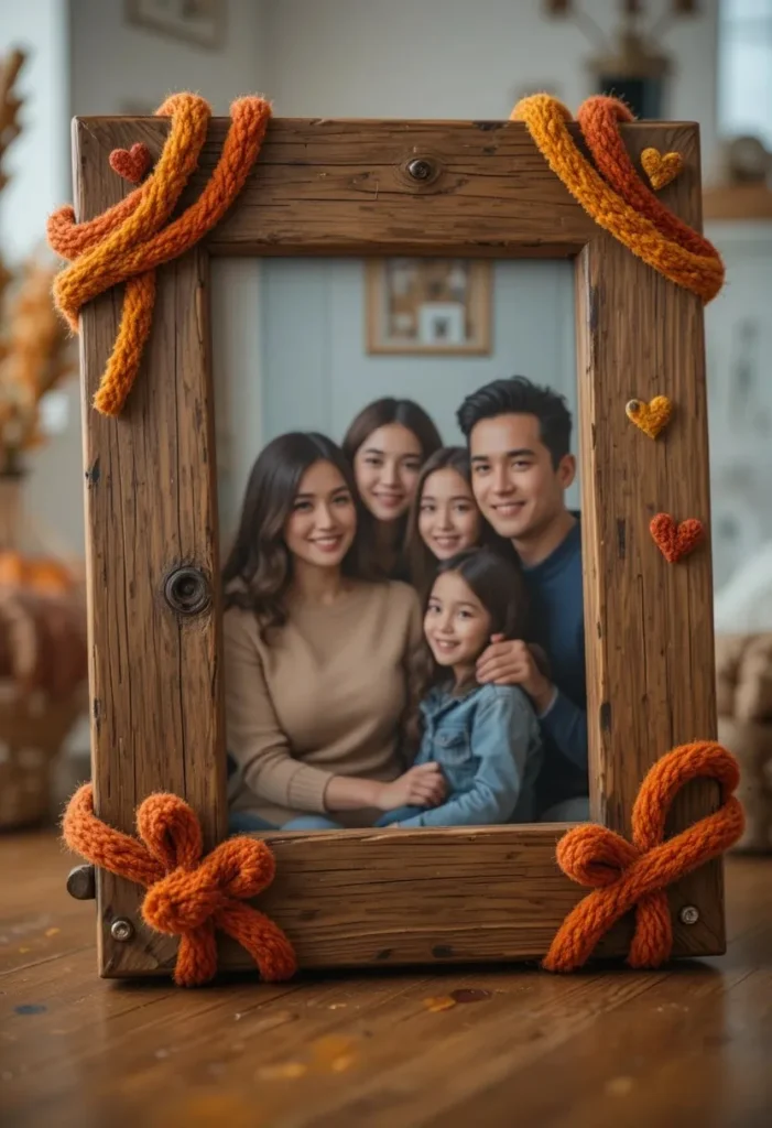 Wooden photo frame decorated with autumn toned pipe cleaners in orange yellow and red with small heart and star shapes twisted at each corner.