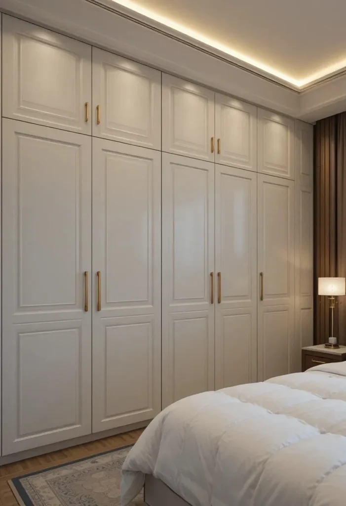 Built-in white bedroom wardrobe with warm lighting and elegant modern design