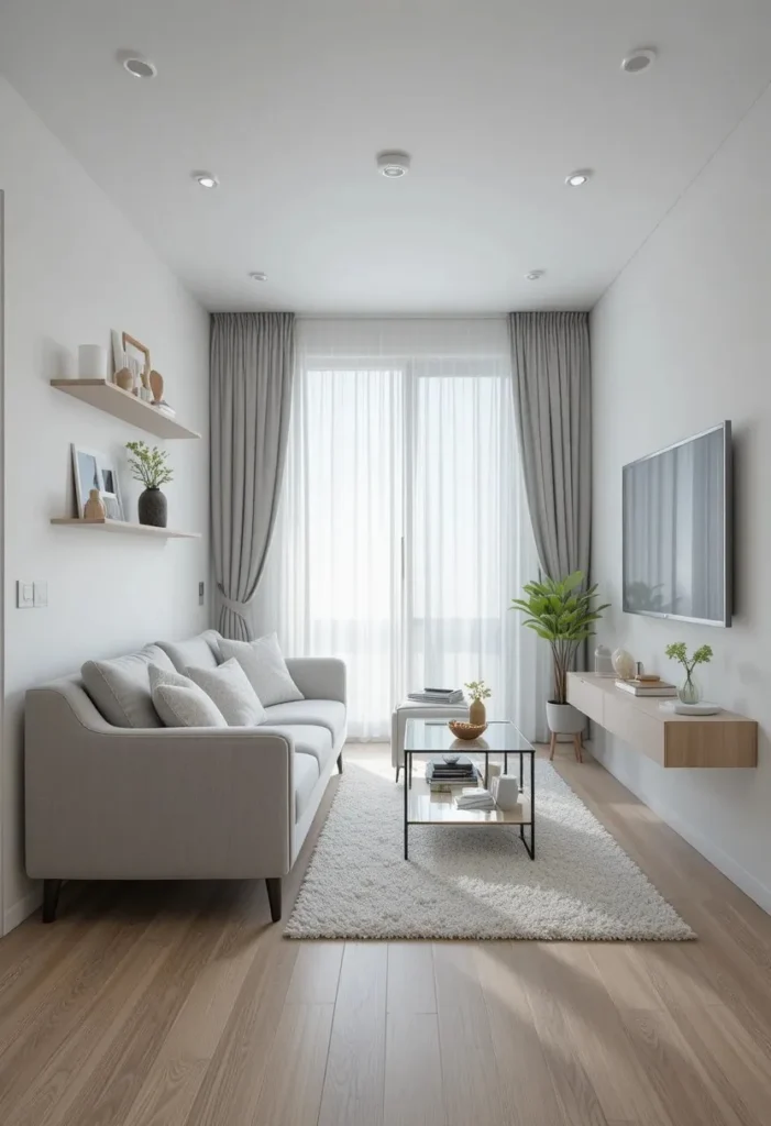 Small living room with slim loveseat glass nesting tables and wall mounted TV setup
