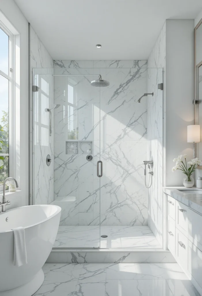 Frameless glass shower design creating a bright and spacious modern bathroom.