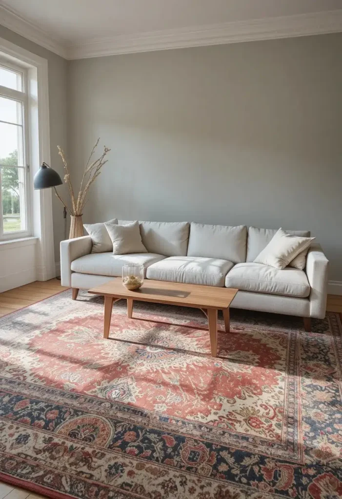Grey couch on vintage Persian style patterned rug with faded red and gold tones in bright living room