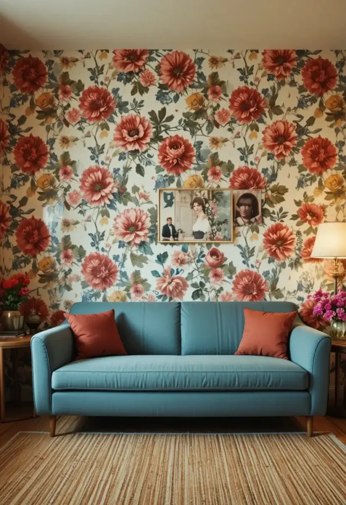 Bold retro wallpaper in a 70s living room