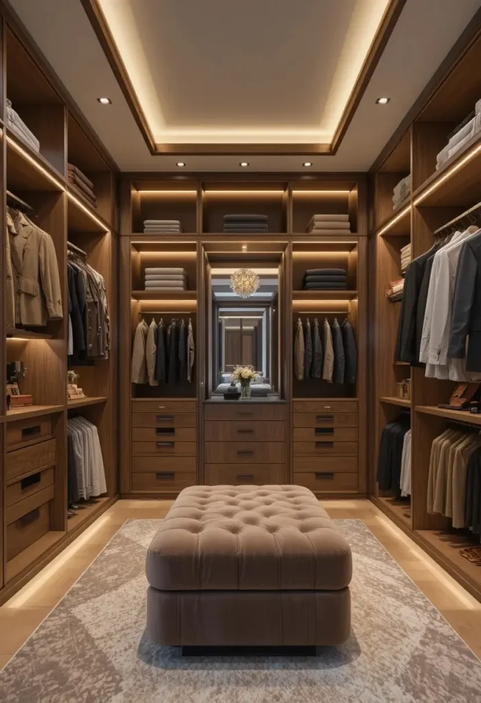 Elegant walk-in wardrobe with organized shelves and soft lighting