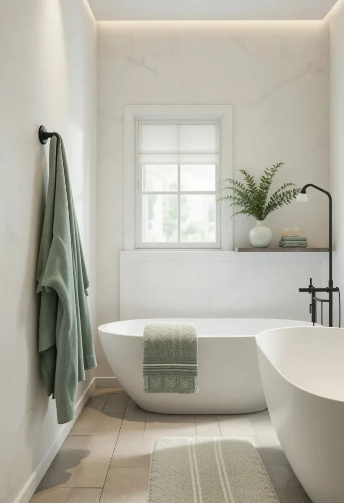 Soft white bathroom with sage green accent towels plant pot and bath mat creating a calm spa like color palette
