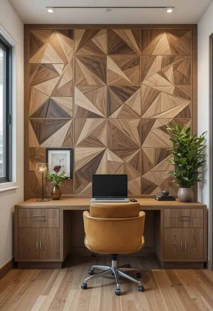 Geometric wood wall panel design with eye-catching modern patterns.

