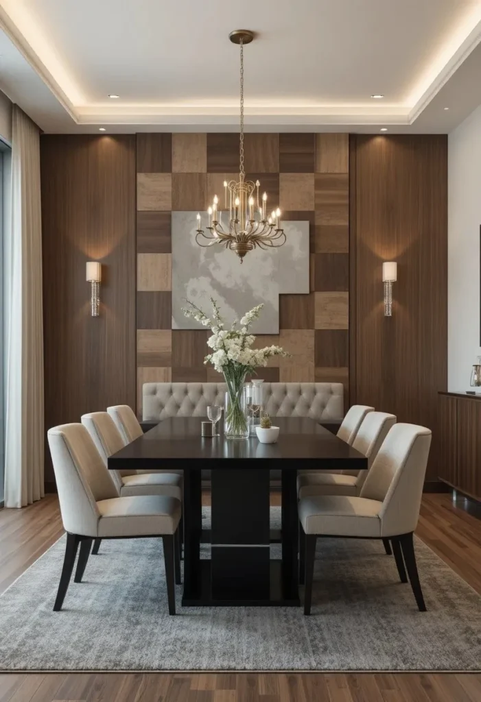 Checkerboard wood wall paneling creating a bold statement feature wall.