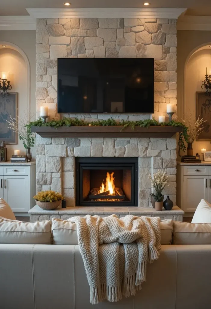 Fireplace and TV combo wall with white stone surround warm fire glow and cream sofa in a cozy elegant living room
