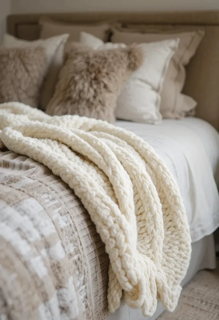 boucle knit throw bedroom ideas for texture and cozy warmth