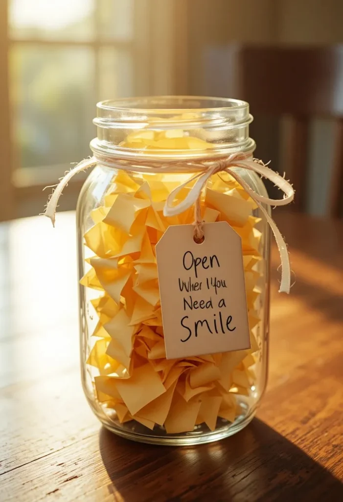 Fathers day memory jar craft for kids filled with colorful folded love notes and tied with ribbon
