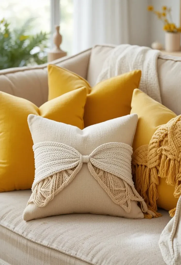 Neutral sofa brightened with yellow throw pillows in mixed textures.
