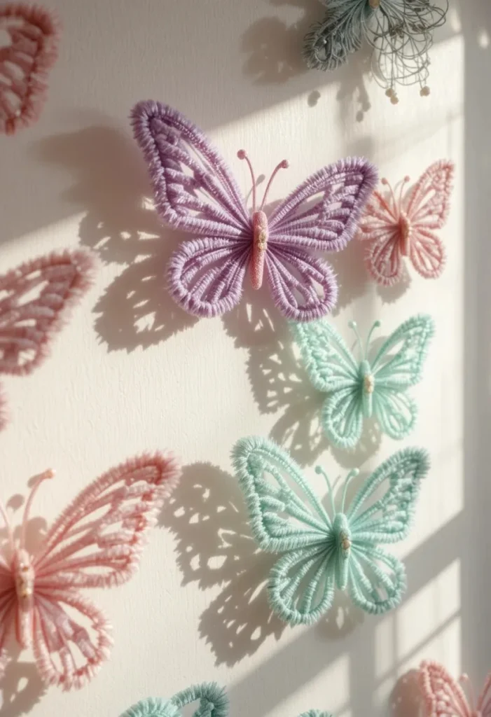 A styled wall display of handmade pipe cleaner butterflies mounted on a soft white wall. Butterflies twisted in pastel pink, lavender, and mint green with small pearl bead centers. Warm afternoon light casting soft shadows. Three dimensional texture visible. Cozy bedroom or living room background, bright airy aesthetic, close up angle showing fuzzy wire detail.
